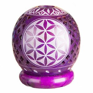 Svícen z mastku koule s Květinou života violet - 8,5 x 7,5 cm