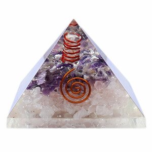 Orgonit pyramida ametyst a růženín s krystalem křišťálu - 7 x 7 cm
