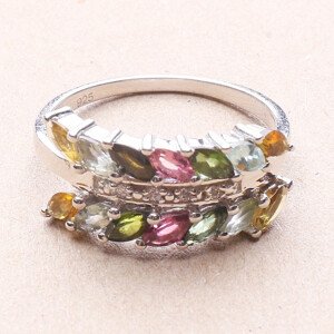 Prsten stříbrný s broušenými vícebarevnými turmalíny a zirkony Ag 925 014779 MT - 60 mm (US 9), 3,0 g