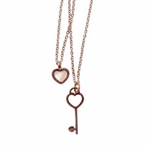 Náhrdelník dvojitý nerezová ocel Srdce s perletí a klíčkem 42 cm - barva růžového zlata, cca 42 cm