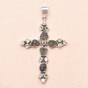 Vltavín a olivín přívěsek kříž stříbro Ag 925 LOT8 - 5 cm, 8 g