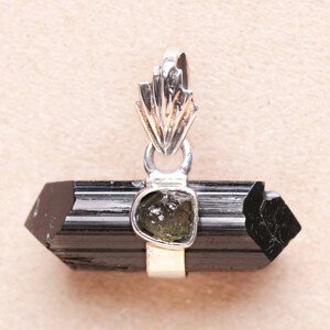 Turmalín skoryl krystal a vltavín přívěsek stříbro Ag 925 LOT5 - 2,5 cm, 4,9 g