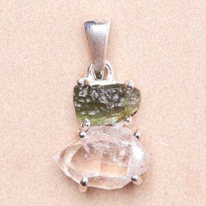 Vltavín a herkimer diamant přívěsek stříbro Ag 925 LOT14 - 1,4 cm, 2,7 g