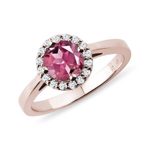 Prsten halo z růžového zlata s turmalínem a diamanty KLENOTA